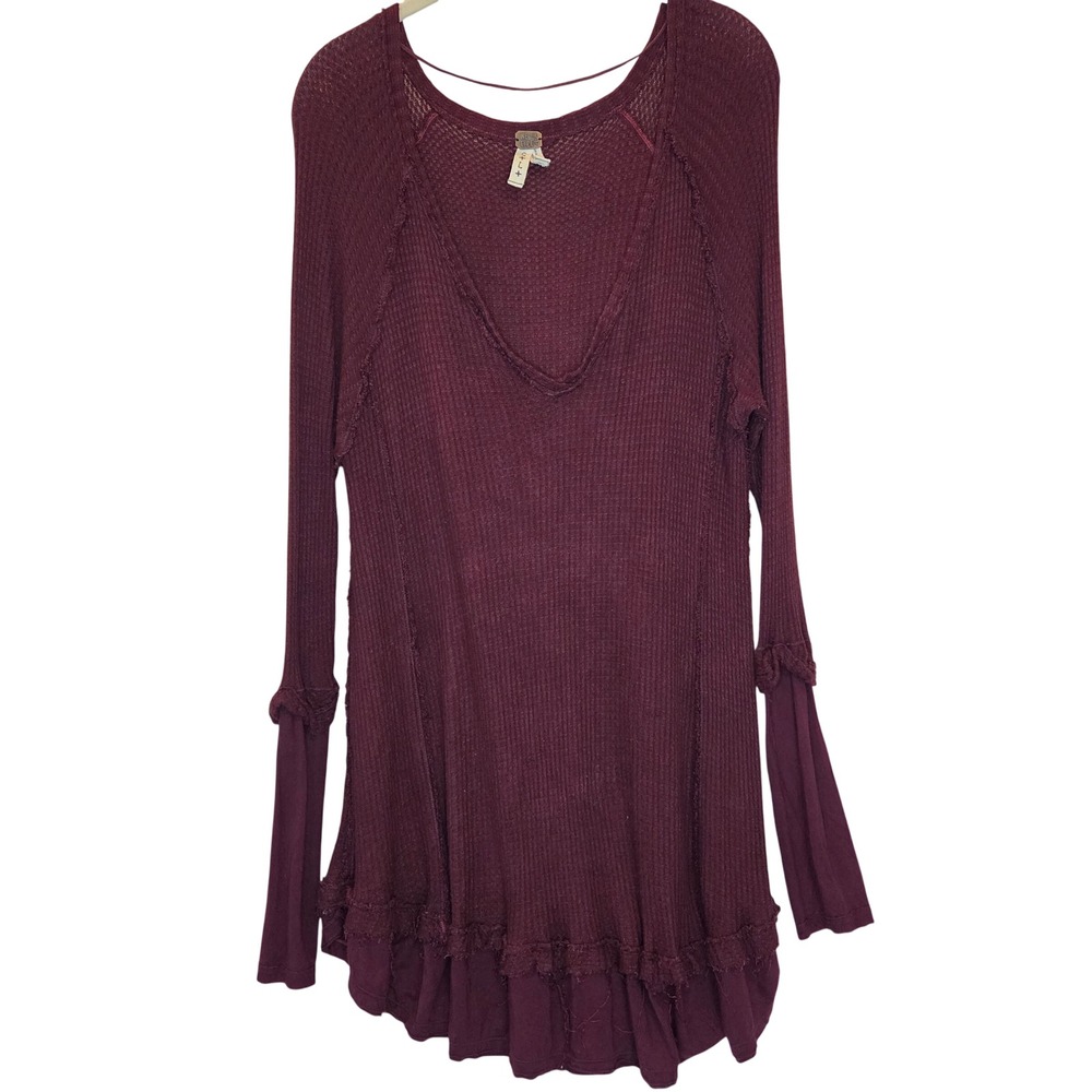 Free People We The Free Laguna Thermal Top Women Sz M Burgundy Waffle Knit Boho